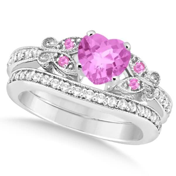 Butterfly Pink Sapphire & Diamond Heart Bridal Set 14k W Gold 2.70ct