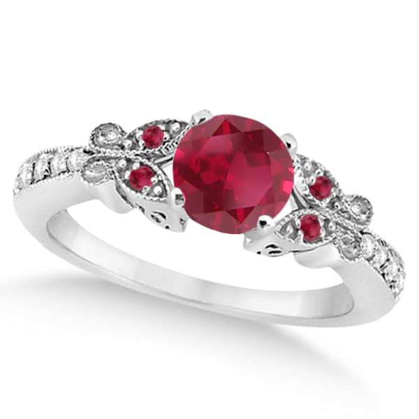 Butterfly Genuine Ruby & Diamond Engagement Ring 14K White Gold 1.26ct