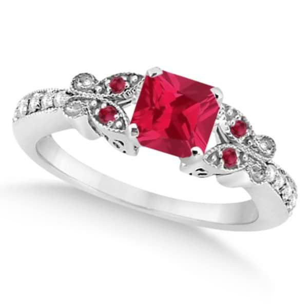 Butterfly Ruby & Diamond Princess Engagement Ring 14k W. Gold 1.31ct