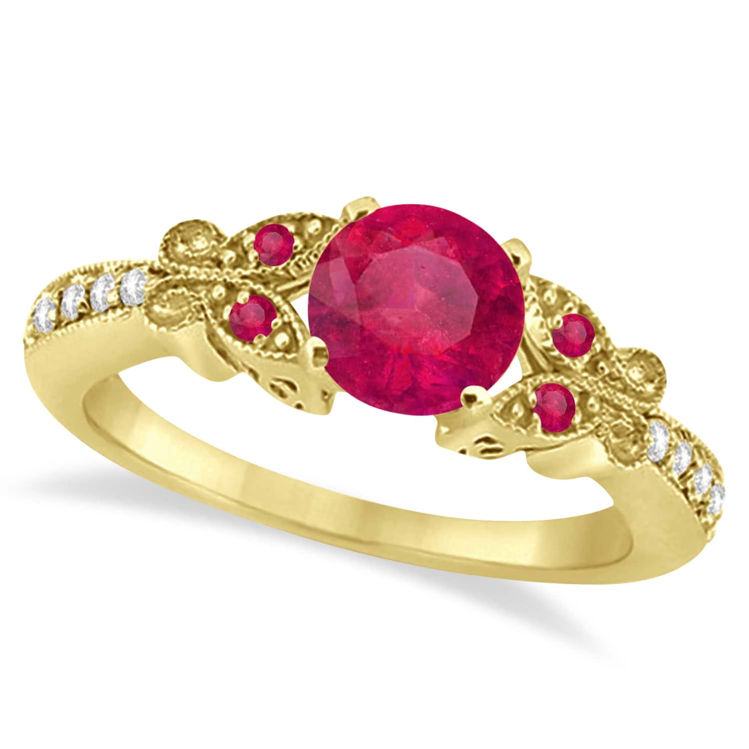 Butterfly Genuine Ruby & Diamond Engagement Ring 18K Yellow Gold 0.86ct