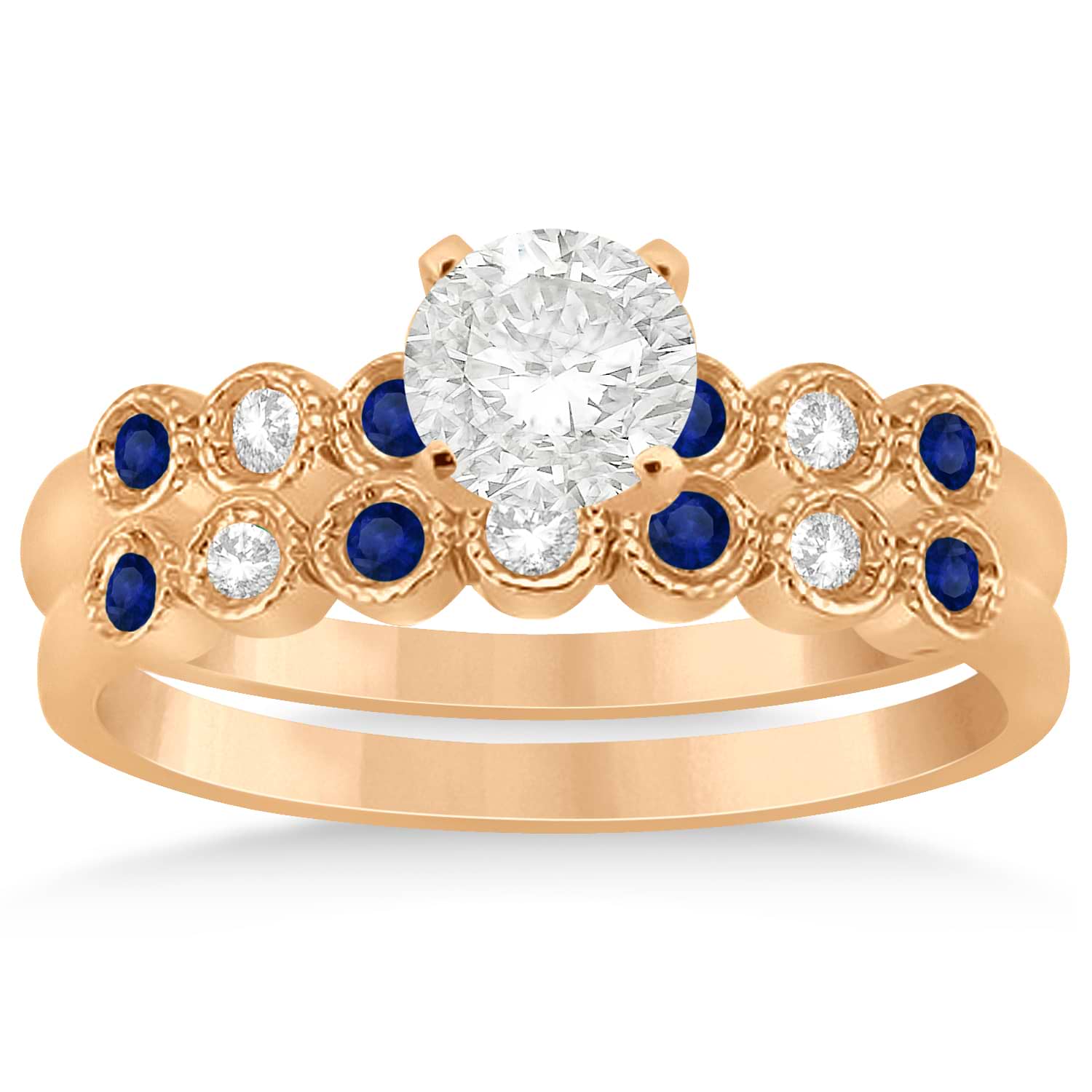 Blue Sapphire & Diamond Bezel Set Bridal Set 18k Rose Gold 0.19ct