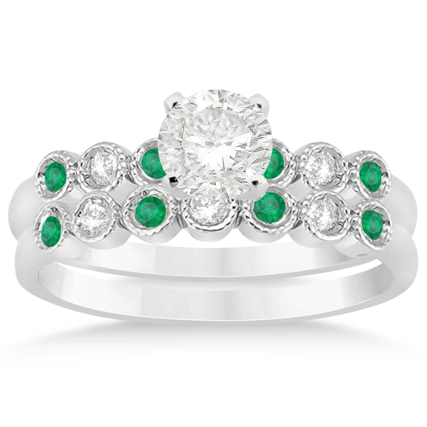 Emerald & Diamond Bezel Set Bridal Set 18k White Gold 0.19ct