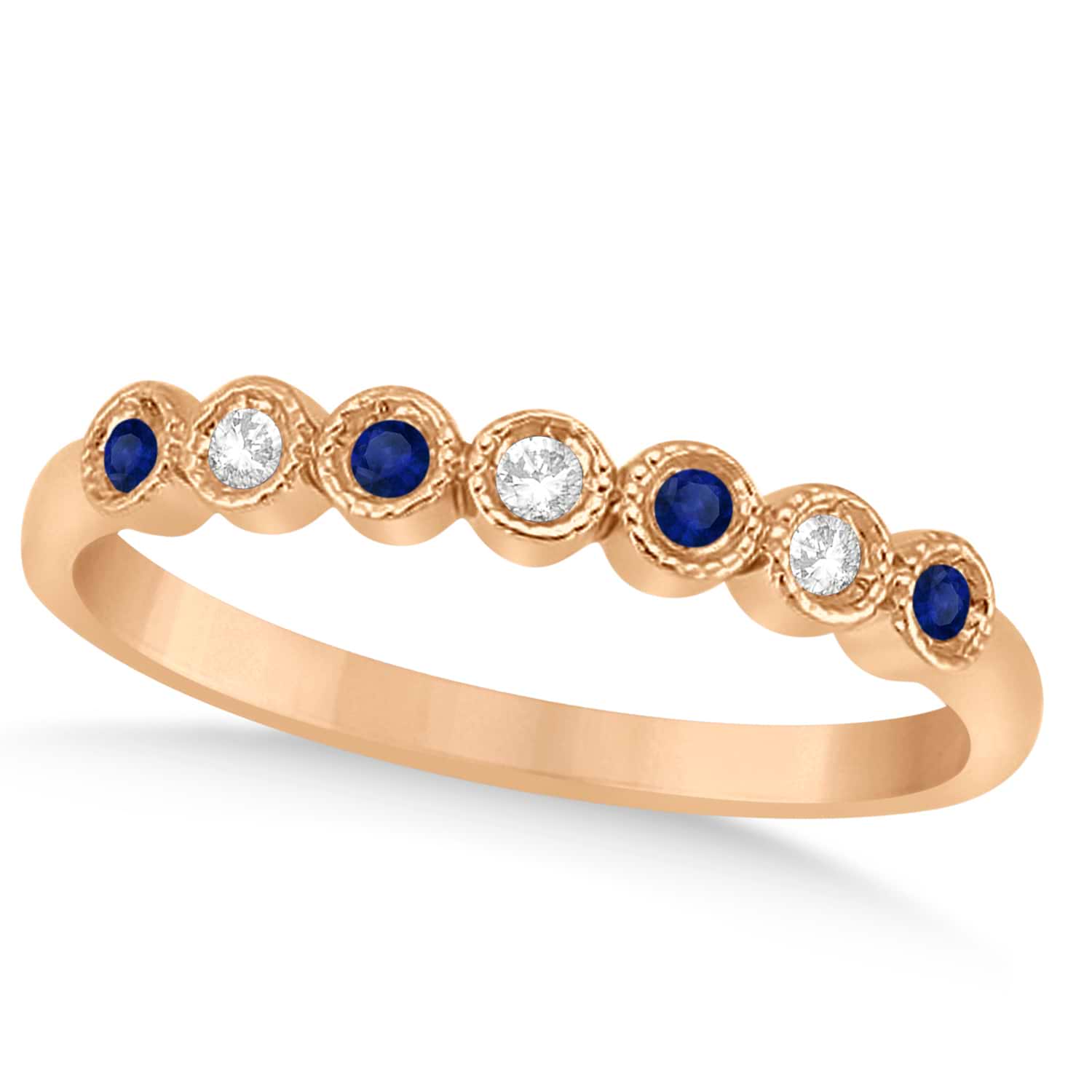 Blue Sapphire & Diamond Bezel Wedding Band 14k Rose Gold 0.10ct