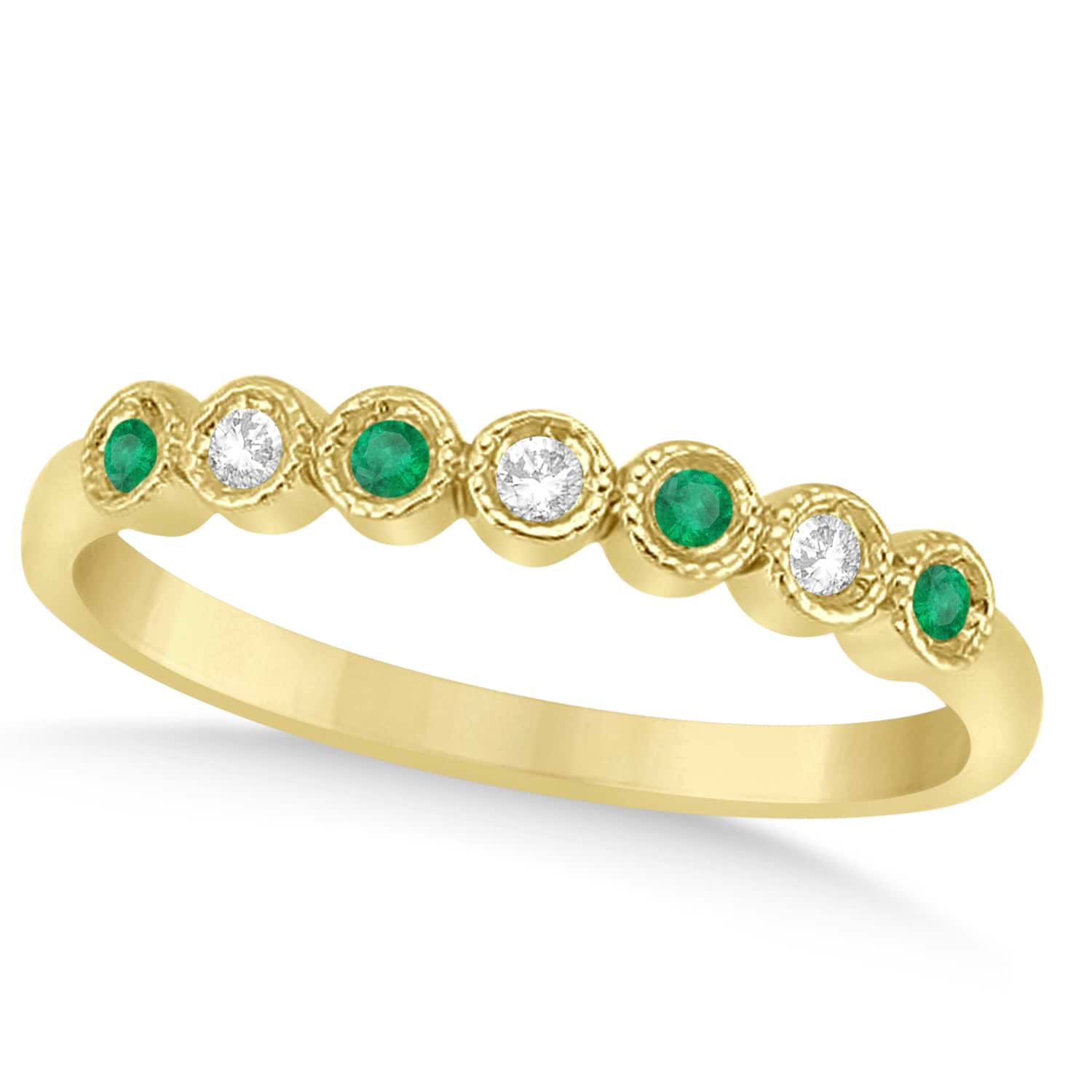 Emerald & Diamond Bezel Wedding Band 14k Yellow Gold 0.10ct