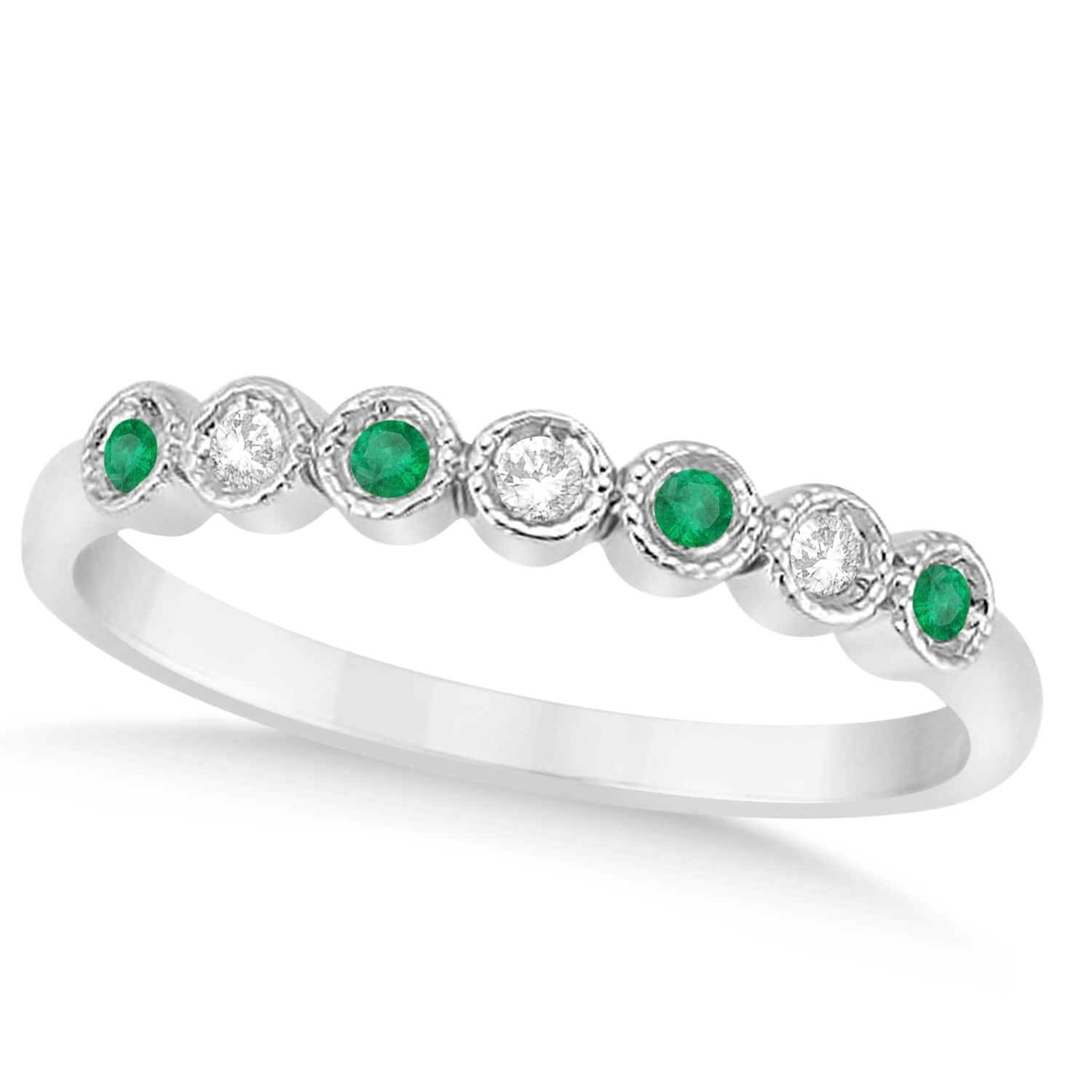 Emerald & Diamond Bezel Wedding Band 18k White Gold 0.10ct