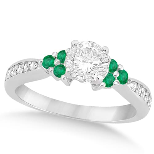 Floral Diamond and Emerald Engagement Ring 14k White Gold (0.78ct)