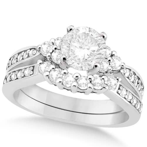 Floral Diamond Engagement Ring & Wedding Band 14k White Gold (1.06ct)