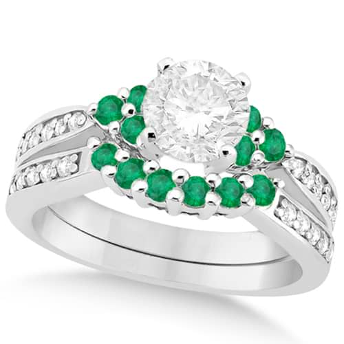 Floral Diamond & Emerald Bridal Set in 14k White Gold (1.06ct)