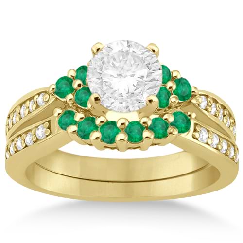 Floral Diamond and Emerald Engagement Ring & Band 14k Yellow Gold (0.56ct)