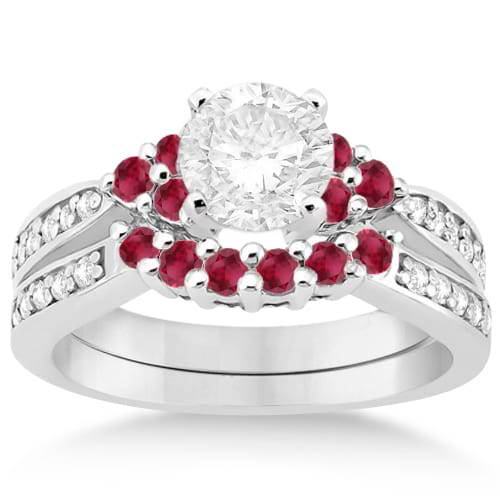 Floral Diamond and Ruby Engagement Ring & Band Platinum (0.60ct)