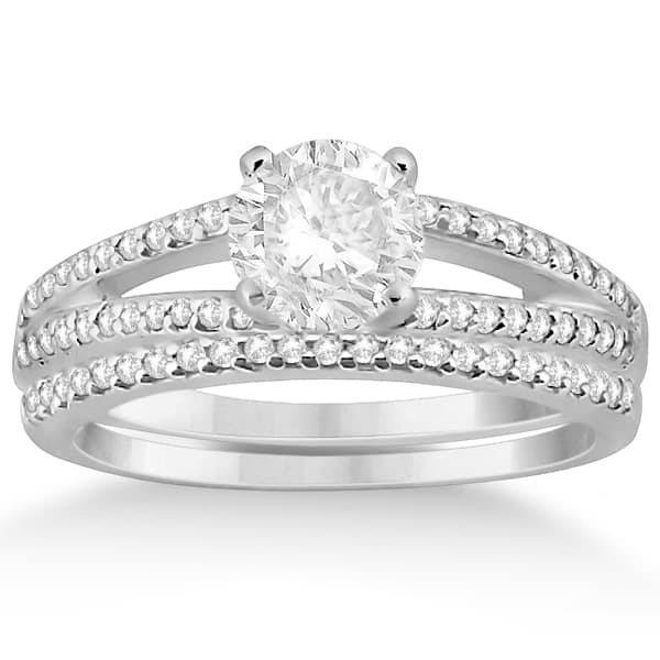 Split Shank Diamond Engagement Ring & Wedding Band 14k White Gold