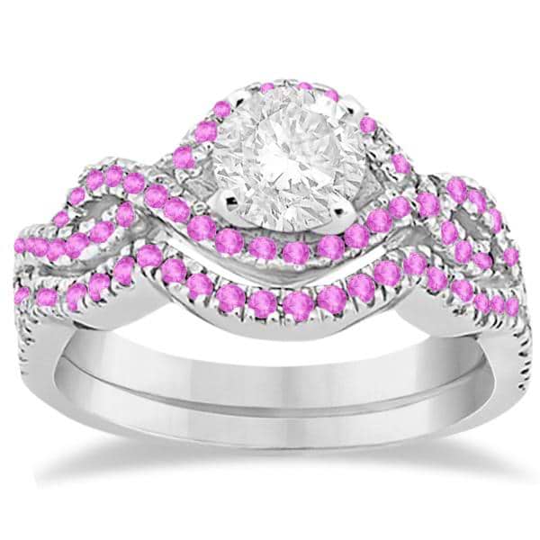 Pink Sapphire Infinity Halo Engagement Ring & Band Set Palladium (0.60ct)