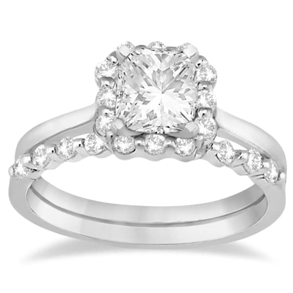 Princess Cut Diamond Halo Ring & Band Bridal Set 14K White Gold (0.45ct)