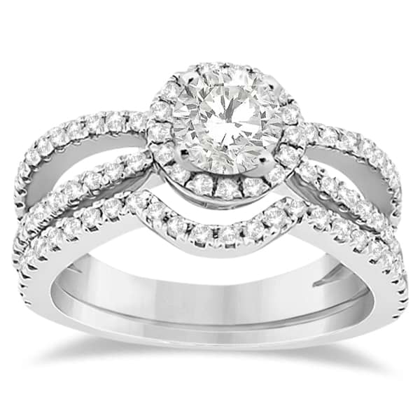 Diamond Halo Split Shank Engagement Bridal Set 18k White Gold (0.67ct)