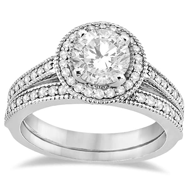 Milgrain Diamond Halo Bridal Set Ring & Band 18K White Gold (0.56ct)