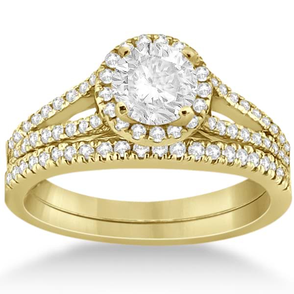 Angels Halo Diamond Engagement Ring & Wedding Band 18k Yellow Gold