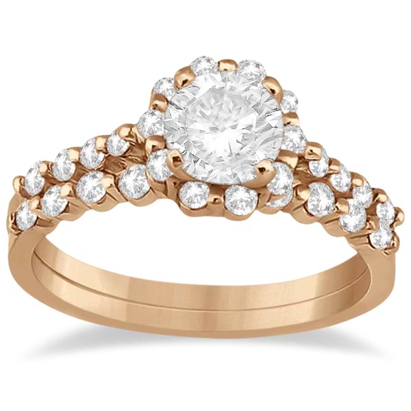 Halo Diamond Engagement Ring & Wedding Band 14K Rose Gold (0.56ct)