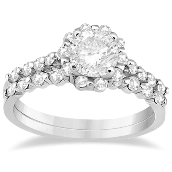 Halo Diamond Engagement Ring & Wedding Band 14K White Gold (0.56ct)