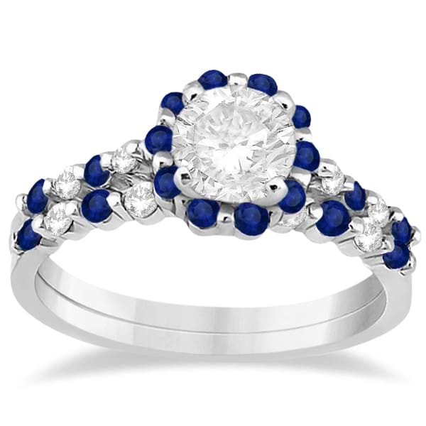 Diamond and Sapphire Engagement Ring Bridal Set 18K White Gold (0.94ct)
