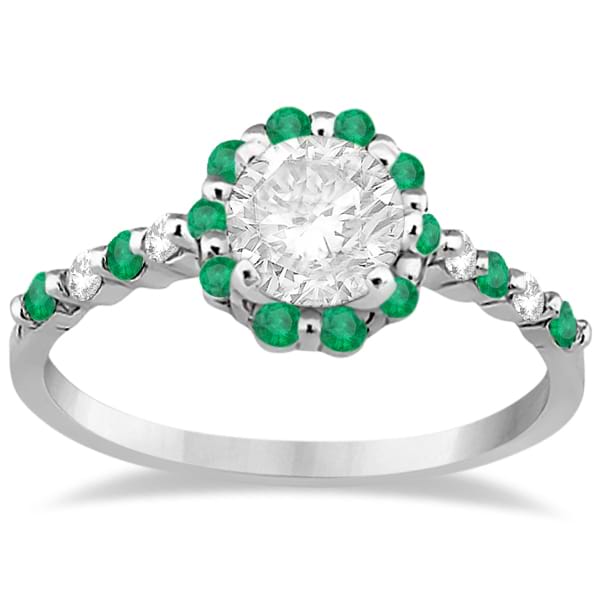 Diamond and Emerald Halo Engagement Ring 14K White Gold (0.64ct)