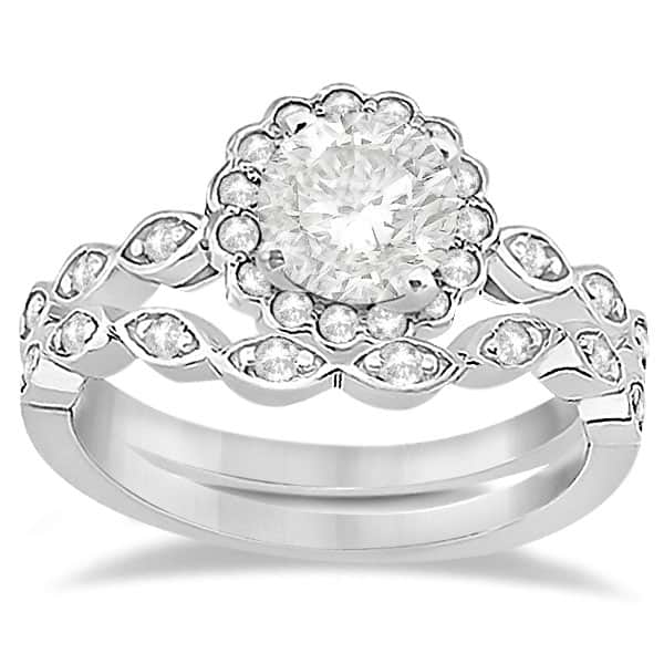Floral Diamond Halo Bridal Set Ring & Band 14k White Gold (0.36ct)