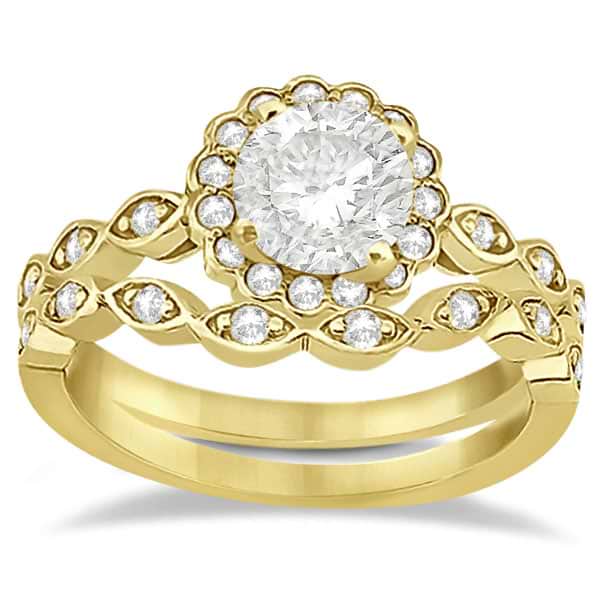Floral Diamond Halo Bridal Set Ring & Band 18k Yellow Gold (0.36ct)