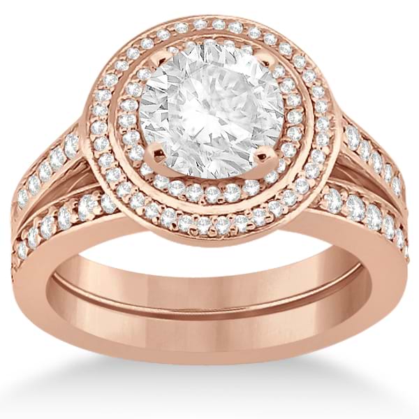 Double Halo Engagement Ring & Band w/ Diamond Accents 18k Rose Gold (0.67ct)