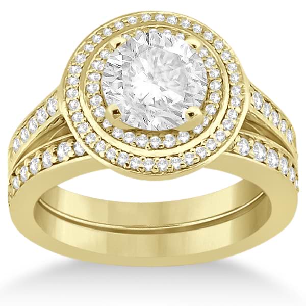 Double Halo Engagement Ring & Wedding Band 18k Yellow Gold (0.67ct)