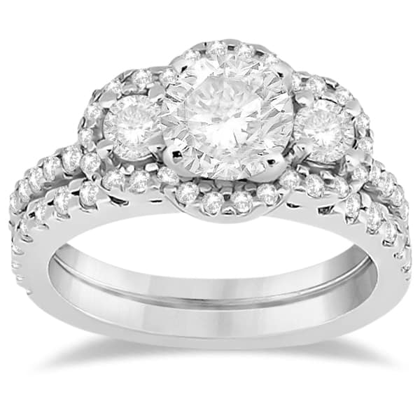 Diamond Halo Three Stone Ring & Band Bridal Set 18K White Gold (0.85ct)