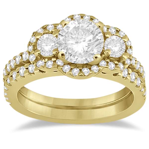 Diamond Halo Three Stone Ring & Band Bridal Set 18K Yellow Gold (0.85ct)