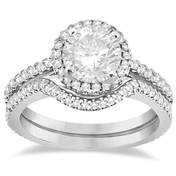 Halo Diamond Eternity Engagement Ring & Wedding Band 14K White Gold (0.75ct)