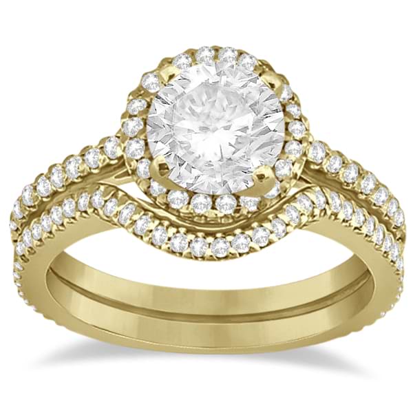 Halo Diamond Eternity Engagement Ring & Wedding Band 14K Yellow Gold (0.75ct)
