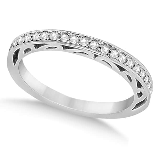 Carved Semi-Eternity Diamond Wedding Ring 18K White Gold (0.22ct)