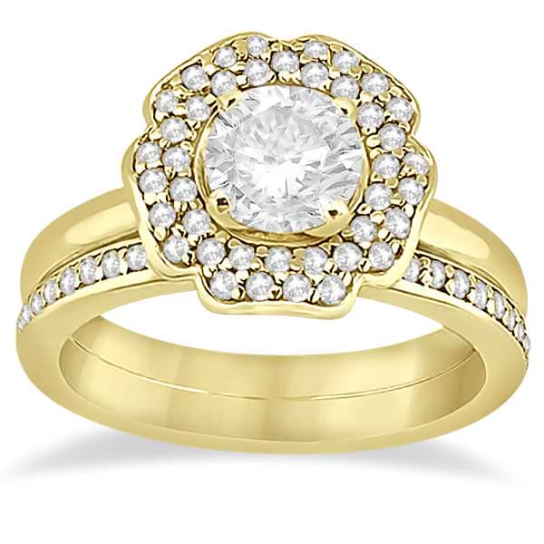 Halo Diamond Floral Engagement Ring and Band 18k Yellow Gold (0.48ct)