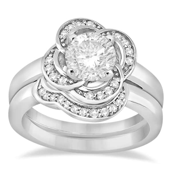 Floral Diamond Engagement Ring & Wedding Band 14k White Gold (0.19ct)