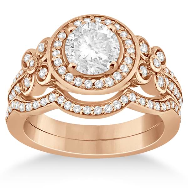 Diamond Flower Engagement Ring & Band Bridal Set 14k Rose Gold (0.51ct)