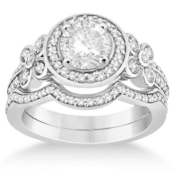 Diamond Flower Engagement Ring & Band Bridal Set 14k W. Gold (0.51ct)