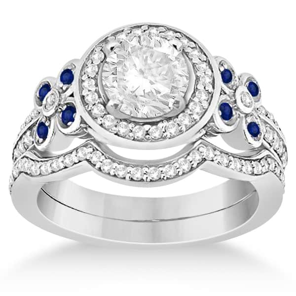 Diamond & Blue Sapphire Floral Bridal Set Setting 14k White Gold (0.51ct)