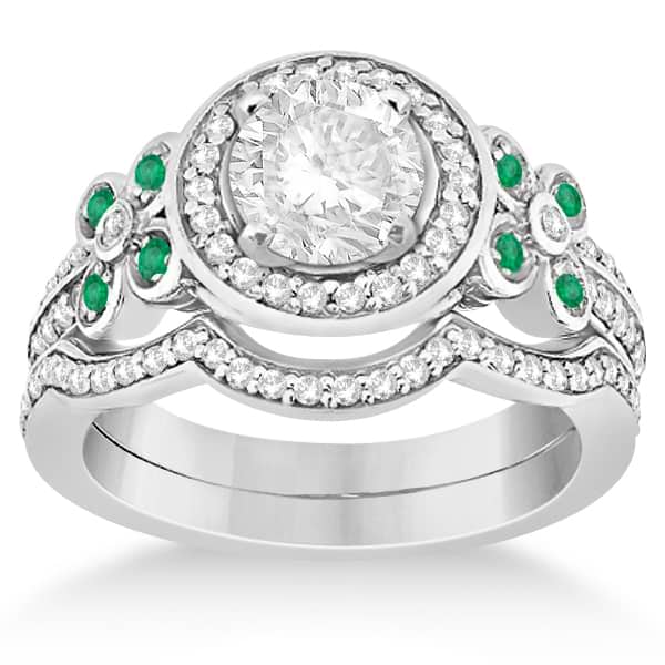 Diamond & Emerald Floral Bridal Set Setting 14k White Gold (0.51ct)