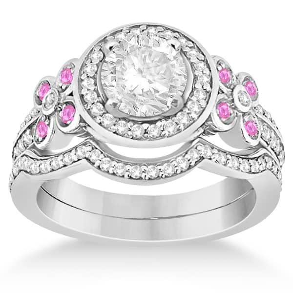 Diamond & Pink Sapphire Floral Bridal Set Setting 14k White Gold (0.51ct)
