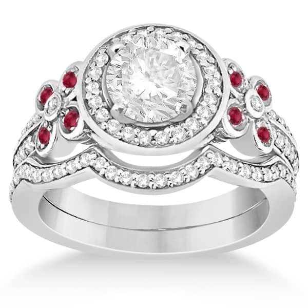 Diamond & Ruby Floral Bridal Set Setting 14k White Gold (0.51ct)