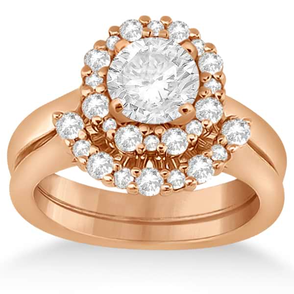 Halo Diamond Engagement Ring & Wedding Band 18k Rose Gold (0.51ct)