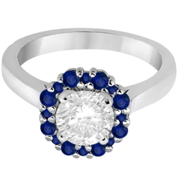 Prong Set Halo Blue Sapphire Engagement Ring 14k White Gold (0.68ct)