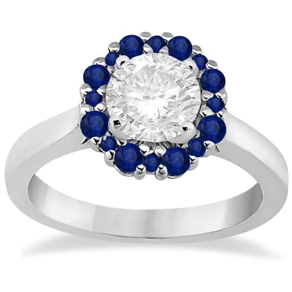 Prong Set Round Halo Blue Sapphire Engagement Ring Platinum (0.68ct)