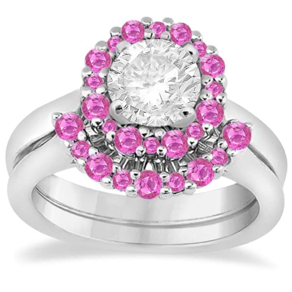 Halo Pink Sapphire Engagement Ring & Band Bridal Set Platinum (1.08ct)