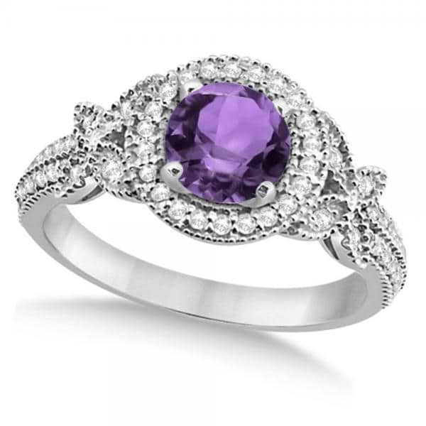 Halo Diamond Butterfly Amethyst Engagement Ring 14k White Gold (1.33ct)