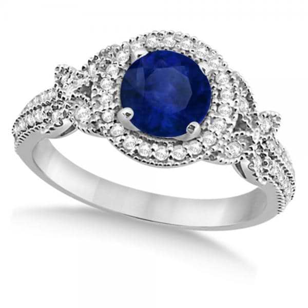 Halo Diamond Butterfly Blue Sapphire Engagement Ring 14k White Gold (1.33ct)