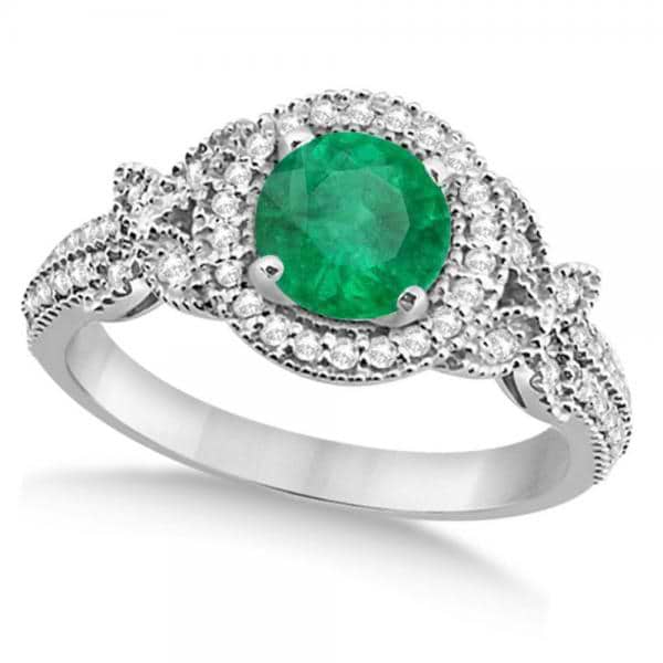 Halo Diamond Butterfly Emerald Engagement Ring 14k White Gold (1.33ct)