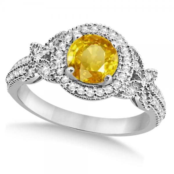 Halo Diamond Butterfly Yellow Sapphire Engagement Ring 14k White Gold (1.33ct)
