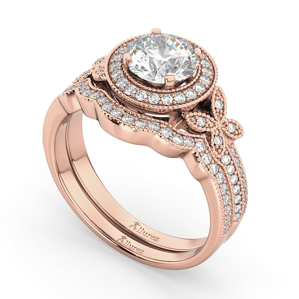 Butterfly Diamond Engagement Ring & Wedding Band 14k Rose Gold (0.58ct)